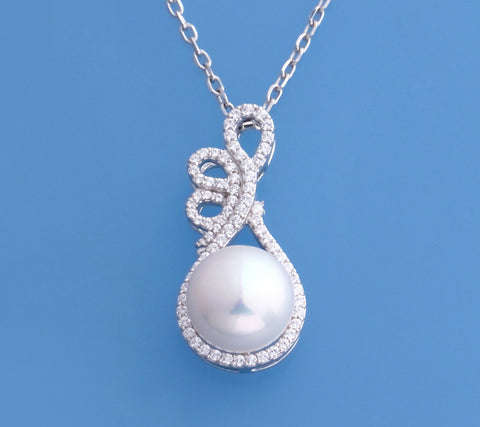 Sterling Silver Pendant with 10.5-11mm Button Shape Freshwater Pearl and Cubic Zirconia