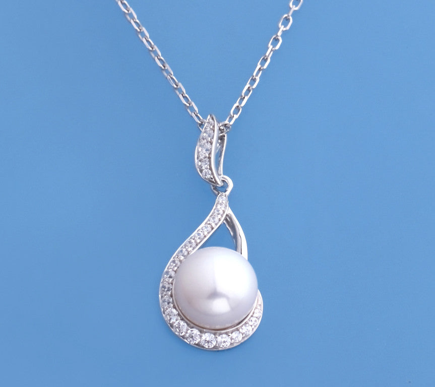 Sterling Silver Pendant with 10-10.5mm Button Shape Freshwater Pearl and Cubic Zirconia - Wing Wo Hing Jewelry Group - Pearl Jewelry Manufacturer