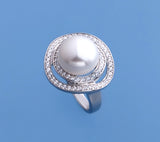 Sterling Silver Ring with 12-12.5mm Button Shape Freshwater Pearl and Cubic Zirconia - Wing Wo Hing Jewelry Group - Pearl Jewelry Manufacturer