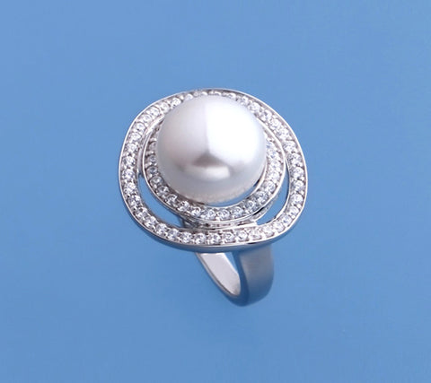 Sterling Silver Ring with 12-12.5mm Button Shape Freshwater Pearl and Cubic Zirconia