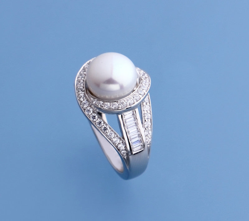 Sterling Silver Ring with 9.5-10mm Button Shape Freshwater Pearl and Cubic Zirconia - Wing Wo Hing Jewelry Group - Pearl Jewelry Manufacturer