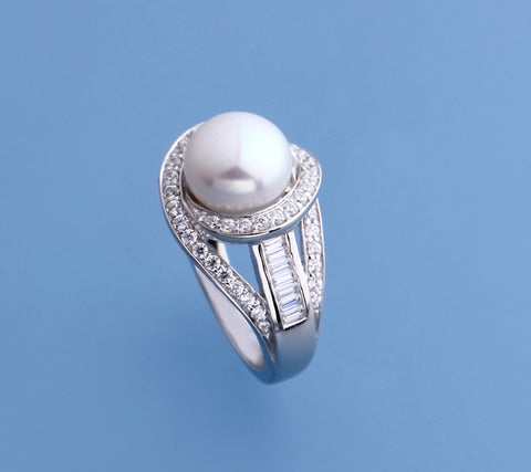 Sterling Silver Ring with 9.5-10mm Button Shape Freshwater Pearl and Cubic Zirconia