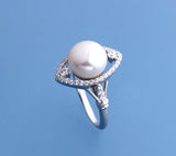 Sterling Silver Ring with 10.5-11mm Button Shape Freshwater Pearl and Cubic Zirconia - Wing Wo Hing Jewelry Group - Pearl Jewelry Manufacturer