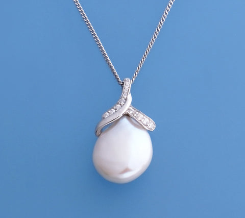 Sterling Silver Pendant with 13-14mm Button Shape Freshwater Pearl and Cubic Zirconia