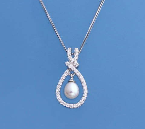 Sterling Silver Pendant with 5-6mm Oval Shape Freshwater Pearl and Cubic Zirconia