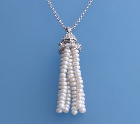 Sterling Silver Pendant with 3.5-4mm Button Shape Freshwater Pearl and Cubic Zirconia