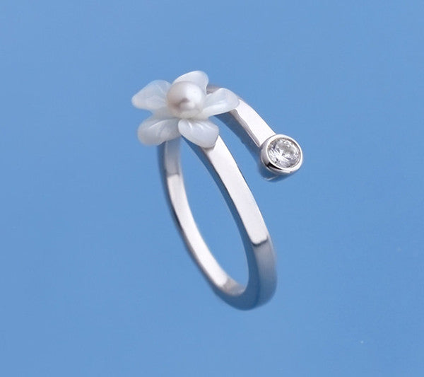 Sterling Silver Ring with 3.5-4mm Button Shape Freshwater Pearl, Mother of Pearl and Cubic Zirconia - Wing Wo Hing Jewelry Group - Pearl Jewelry Manufacturer