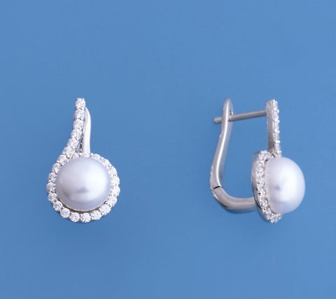Sterling Silver Earrings with 8-8.5mm Button Shape Freshwater Pearl and Cubic Zirconia