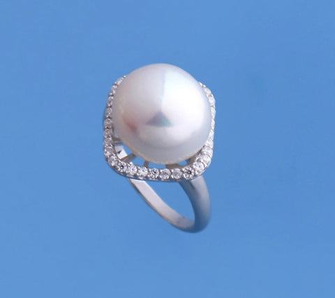 Sterling Silver Ring with 12-13mm Oval Shape Freshwater Pearl and Cubic Zirconia