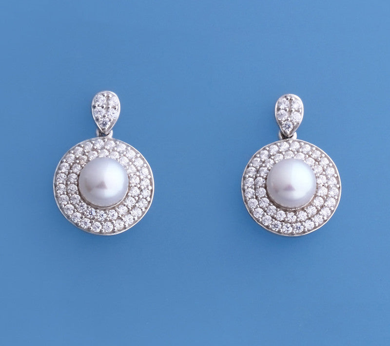 Sterling Silver Earrings with 6-6.5mm Button Shape Freshwater Pearl and Cubic Zirconia - Wing Wo Hing Jewelry Group - Pearl Jewelry Manufacturer