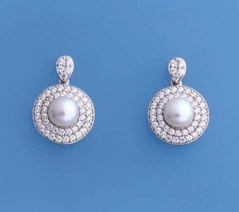 Sterling Silver Earrings with 6-6.5mm Button Shape Freshwater Pearl and Cubic Zirconia