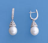 Sterling Silver Earrings with 10-10.5mm Drop Shape Freshwater Pearl and Cubic Zirconia - Wing Wo Hing Jewelry Group - Pearl Jewelry Manufacturer