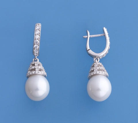 Sterling Silver Earrings with 10-10.5mm Drop Shape Freshwater Pearl and Cubic Zirconia