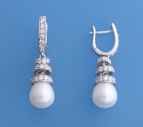 Sterling Silver Earrings with 9-10mm Drop Shape Freshwater Pearl and Cubic Zirconia