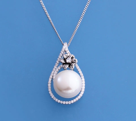 Sterling Silver Pendant with 11.5-12mm Button Shape Freshwater Pearl and Cubic Zirconia