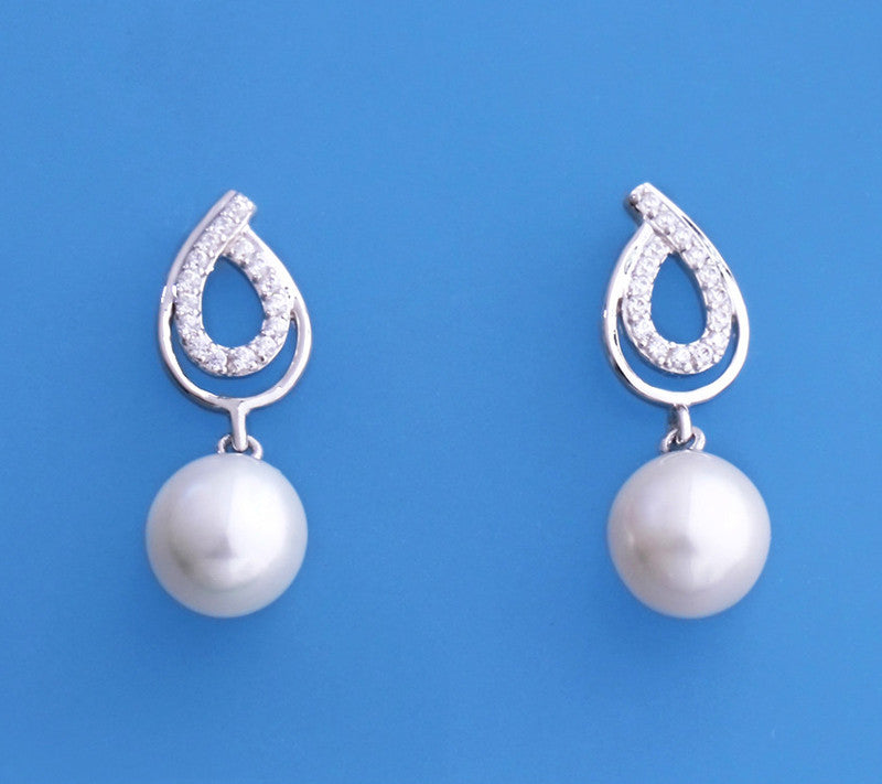 Sterling Silver Earrings with 8.5-9mm Drop Shape Freshwater Pearl and Cubic Zirconia - Wing Wo Hing Jewelry Group - Pearl Jewelry Manufacturer