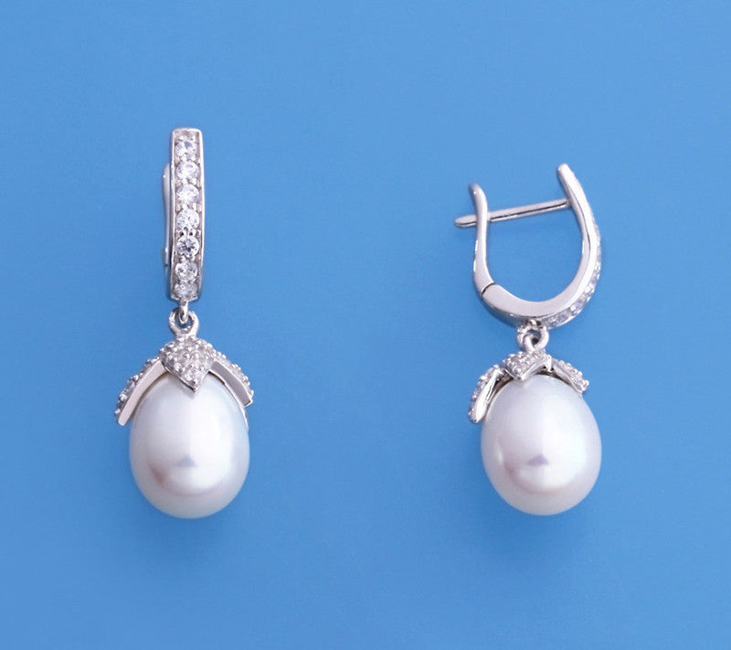 Sterling Silver Earrings with 9-9.5mm Drop Shape Freshwater Pearl and Cubic Zirconia - Wing Wo Hing Jewelry Group - Pearl Jewelry Manufacturer