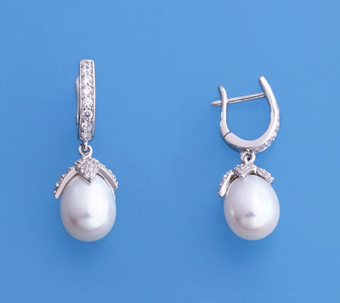 Sterling Silver Earrings with 9-9.5mm Drop Shape Freshwater Pearl and Cubic Zirconia