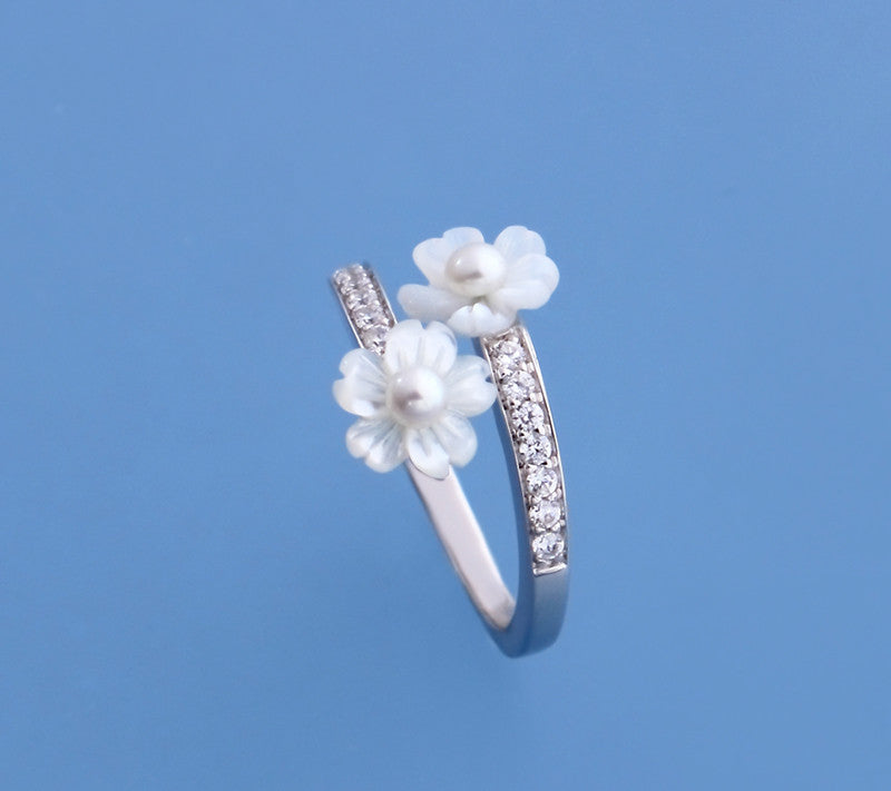 Sterling Silver Ring with 3-3.5mm Button Shape Freshwater Pearl, Mother of Pearl and Cubic Zirconia - Wing Wo Hing Jewelry Group - Pearl Jewelry Manufacturer