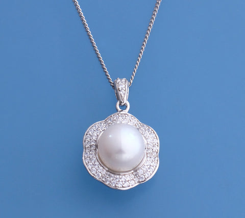 Sterling Silver Pendant with 9-9.5mm Button Shape Freshwater Pearl and Cubic Zirconia