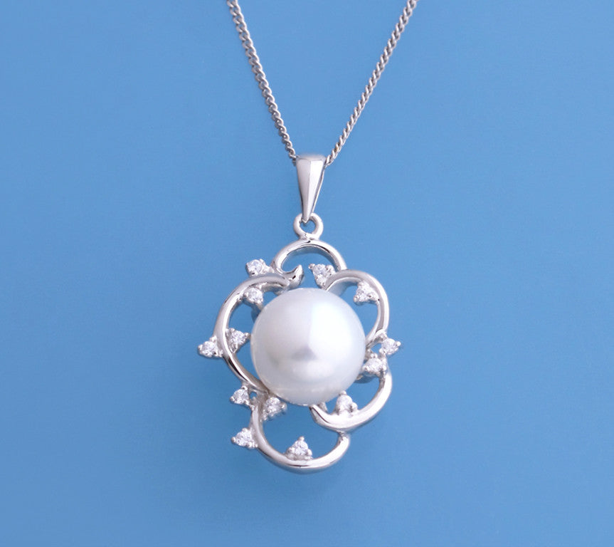 Sterling Silver Pendant with 10-10.5mm Button Shape Freshwater Pearl and Cubic Zirconia - Wing Wo Hing Jewelry Group - Pearl Jewelry Manufacturer