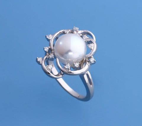 Sterling Silver Ring with 10-10.5mm Freshwater Pearl and Cubic Zirconia