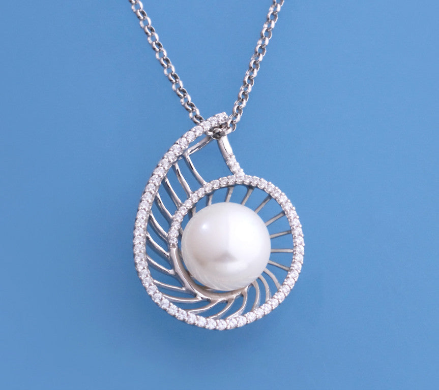 Sterling Silver Pendant with 10.5-11mm Button Shape Freshwater Pearl and Cubic Zirconia - Wing Wo Hing Jewelry Group - Pearl Jewelry Manufacturer
