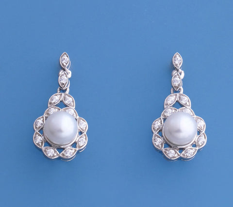 Sterling Silver Earrings with 6-6.5mm Button Shape Freshwater Pearl and Cubic Zirconia