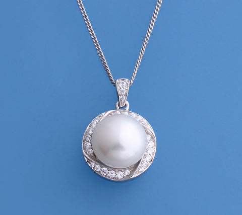 Sterling Silver Pendant with 10.5-11mm Button Shape Freshwater Pearl and Cubic Zirconia