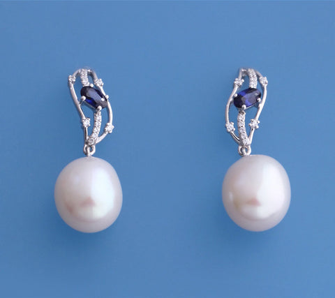 Sterling Silver Earrings with 11-12mm Oval Shape Freshwater Pearl and Cubic Zirconia