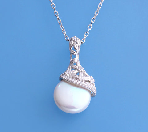 Sterling Silver Pendant with 14-14.5mm Coin Shape Freshwater Pearl and Cubic Zirconia