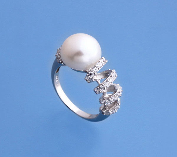 Sterling Silver Ring with 11.5-12mm Button Shape Freshwater Pearl and Cubic Zirconia - Wing Wo Hing Jewelry Group - Pearl Jewelry Manufacturer