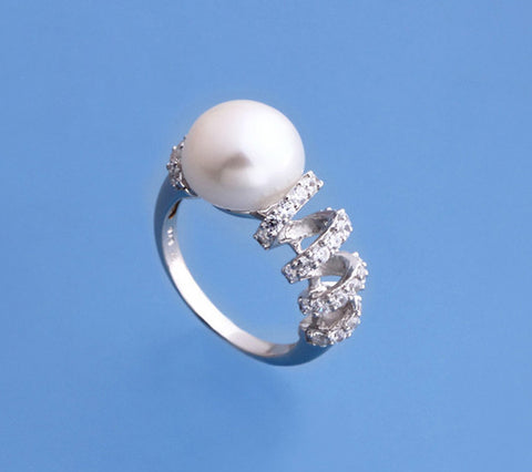 Sterling Silver Ring with 11.5-12mm Button Shape Freshwater Pearl and Cubic Zirconia