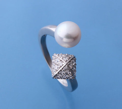 Sterling Silver Ring with 8-8.5mm Button Shape Freshwater Pearl and Black Spinel