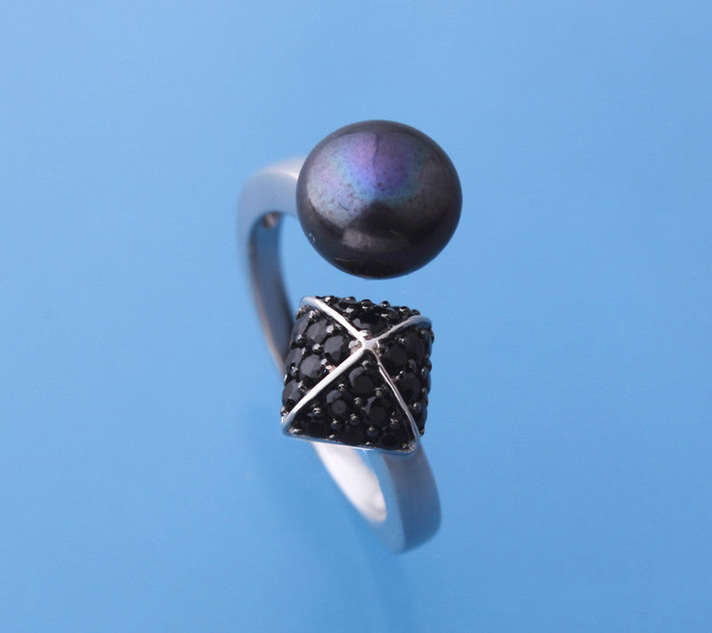 Sterling Silver Ring with 8-8.5mm Button Shape Freshwater Pearl and Black Spinel - Wing Wo Hing Jewelry Group - Pearl Jewelry Manufacturer - 1