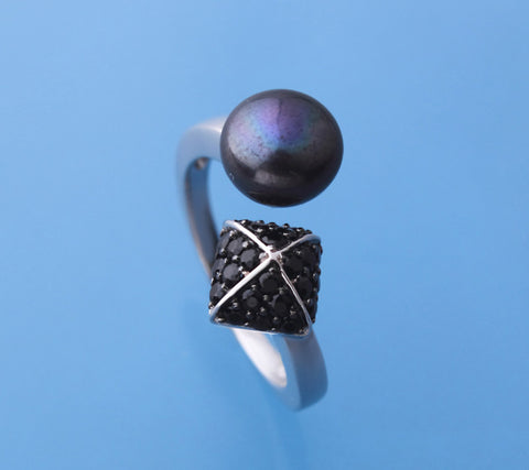 Sterling Silver Ring with 8-8.5mm Button Shape Freshwater Pearl and Black Spinel