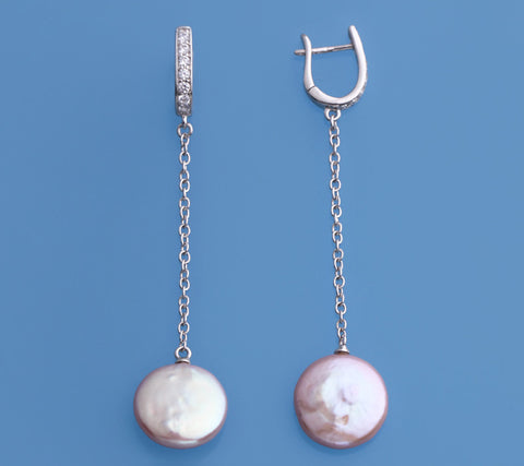 Sterling Silver Earrings with 14-15mm Button Shape Freshwater Pearl and Cubic Zirconia