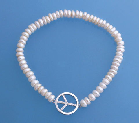 Sterling Silver Bracelet with 5-5.5mm Button Shape Freshwater Pearl and Cubic Zirconia