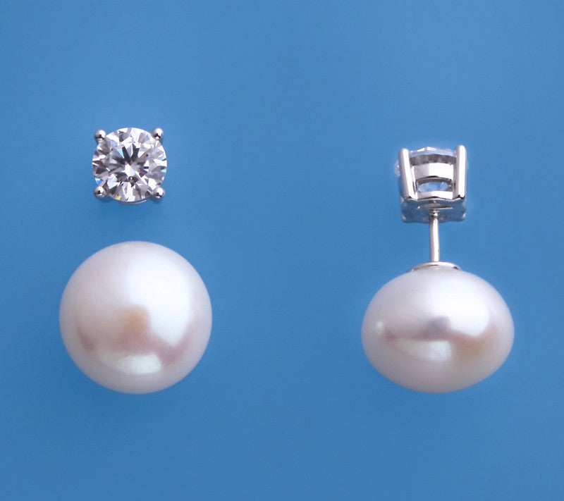 Sterling Silver Earrings with 12-12.5mm Button Shape Freshwater Pearl and Cubic Zirconia - Wing Wo Hing Jewelry Group - Pearl Jewelry Manufacturer