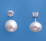 Sterling Silver Earrings with 12-12.5mm Button Shape Freshwater Pearl and Cubic Zirconia - Wing Wo Hing Jewelry Group - Pearl Jewelry Manufacturer