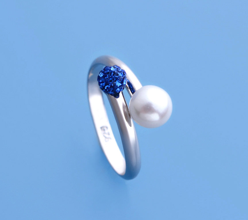 Sterling Silver Ring with 6-6.5mm Button Shape Freshwater Pearl and Crystal Ball - Wing Wo Hing Jewelry Group - Pearl Jewelry Manufacturer - 1