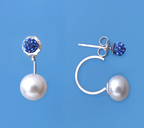 Sterling Silver Earrings with 8-8.5mm Button Shape Freshwater Pearl and Crystal Ball