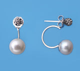 Sterling Silver Earrings with 8-8.5mm Button Shape Freshwater Pearl and Crystal Ball - Wing Wo Hing Jewelry Group - Pearl Jewelry Manufacturer - 9
