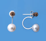 Sterling Silver Earrings with 8-8.5mm Button Shape Freshwater Pearl and Crystal Ball - Wing Wo Hing Jewelry Group - Pearl Jewelry Manufacturer - 8