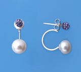 Sterling Silver Earrings with 8-8.5mm Button Shape Freshwater Pearl and Crystal Ball - Wing Wo Hing Jewelry Group - Pearl Jewelry Manufacturer - 2