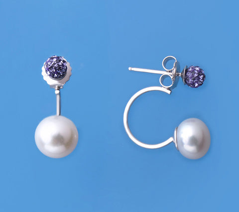 Sterling Silver Earrings with 8-8.5mm Button Shape Freshwater Pearl and Crystal Ball