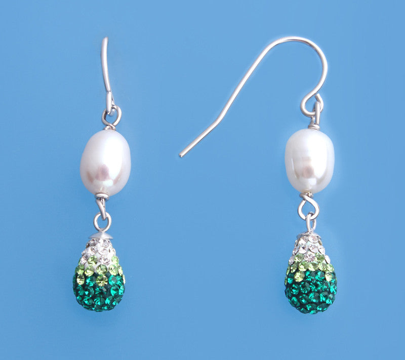 Sterling Silver Earrings with 6-6.5mm Oval Shape Freshwater Pearl and Crystal Ball - Wing Wo Hing Jewelry Group - Pearl Jewelry Manufacturer - 1
