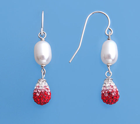 Sterling Silver Earrings with 6-6.5mm Oval Shape Freshwater Pearl and Crystal Ball