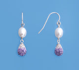 Sterling Silver Earrings with 6-6.5mm Oval Shape Freshwater Pearl and Crystal Ball - Wing Wo Hing Jewelry Group - Pearl Jewelry Manufacturer - 3