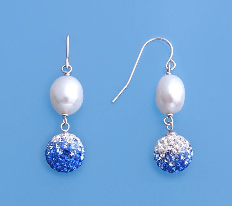 Sterling Silver Earrings with 9-9.5mm Oval Shape Freshwater Pearl and Crystal Ball - Wing Wo Hing Jewelry Group - Pearl Jewelry Manufacturer - 1